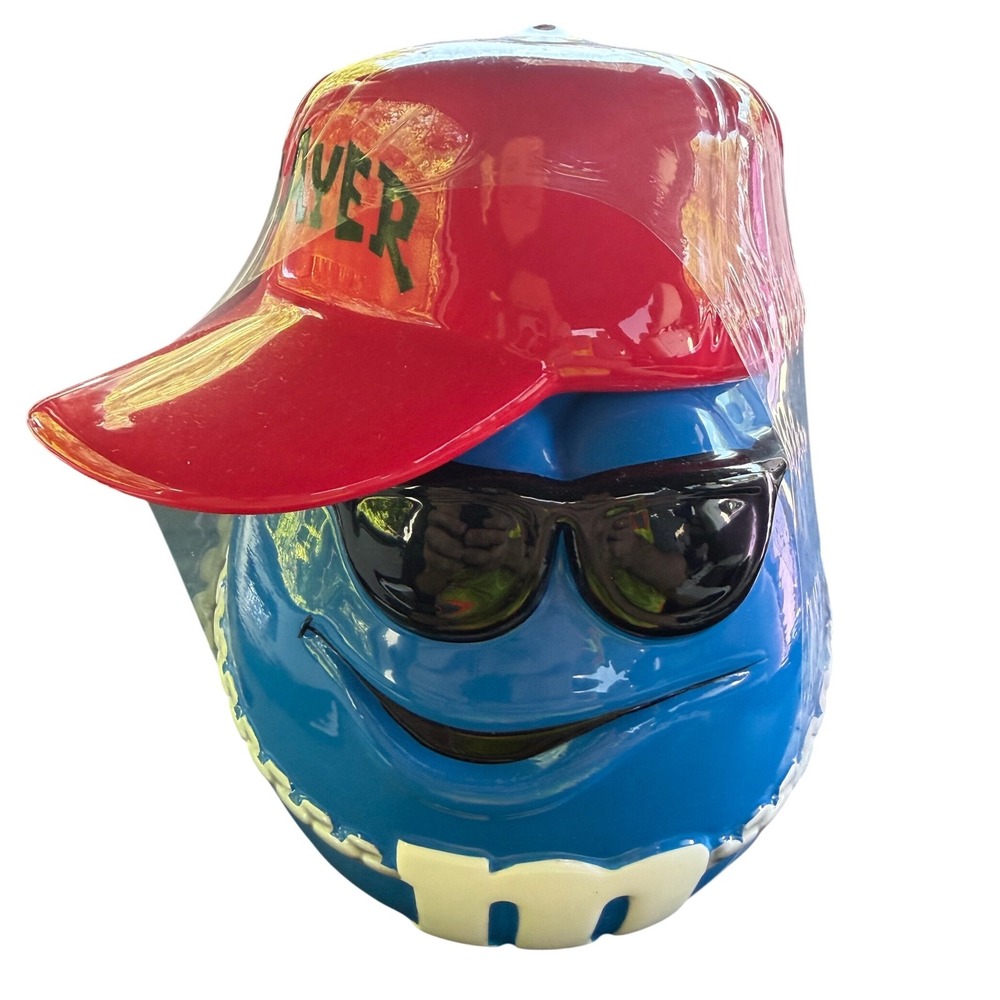 Vintage M&Ms Blue Player Ceramic Candy Jar Galerie Sunglasses Red Hat New 2007